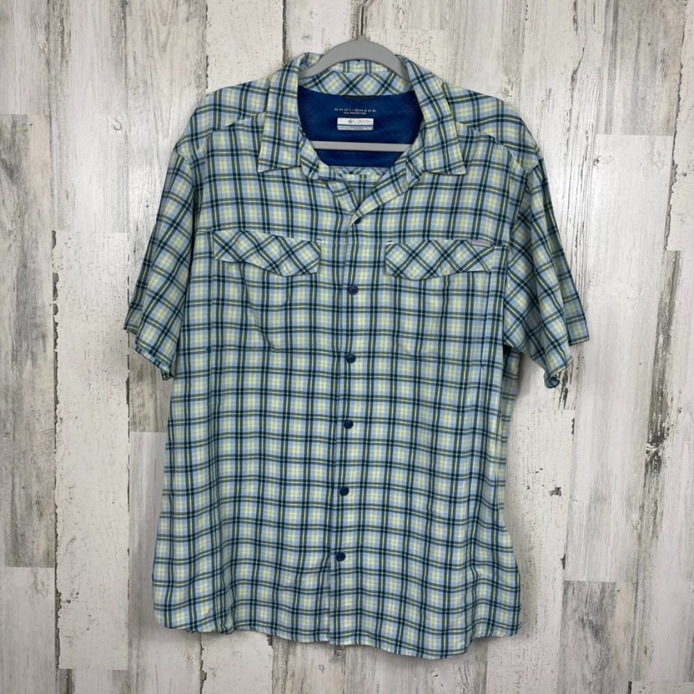Columbia plaid‎ button front shirt short sleeve outdoor workwear blue yellow XL